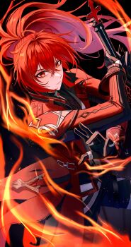 1boy absurdres black_gloves black_pants closed_mouth commentary cowboy_shot crossed_bangs diluc_(genshin_impact) double-parted_bangs fire genshin_impact gloves hair_between_eyes highres holding holding_sword holding_weapon jacket long_hair long_sleeves looking_at_viewer male_focus pants ponytail pponnya red_eyes red_hair red_jacket solo sword weapon