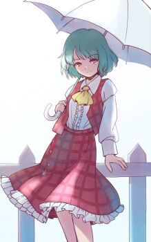 1girl against_fence ascot buttons collared_shirt commentary_request feet_out_of_frame fence frilled_skirt frills green_hair grid_print holding holding_umbrella kazami_yuuka light_blush light_smile long_sleeves one-hour_drawing_challenge parasol picket_fence rangycrow red_eyes red_skirt red_vest shirt skirt solo split_mouth touhou umbrella vest white_shirt wooden_fence yellow_ascot