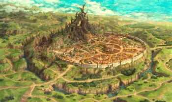 Rule 34 | absurdres, blue sky, bridge, building, cave, cloud, commentary request, dated, defensive wall, dirt road, fantasy, farm, from above, grass, highres, no humans, original, outdoors, river, road, rukichi (t rutamagon), scenery, signature, sky, temple, tower, town, tree, water, waterfall