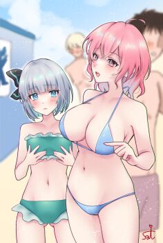 2boys 2girls ahoge aqua_eyes bikini black_hair black_hairband blonde_hair blue_bikini blue_sky blurry blurry_background blush breasts cleavage cloud collarbone commentary_request depth_of_field ellen_drawing flat_chest green_bikini grey_hair hairband highres konpaku_youmu large_breasts looking_at_viewer multiple_boys multiple_girls navel outdoors pink_hair saigyouji_yuyuko short_hair signature sky swimsuit touhou