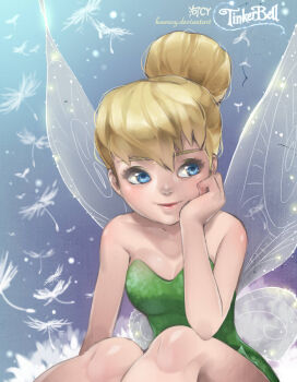 1girl bare_shoulders blonde_hair blue_eyes breasts closed_mouth commentary_request dress duplicate fairy fairy_wings green_skirt hair_bun kawacy short_hair single_hair_bun skirt smile solo tinker_bell_(disney) walt_disney's_peter_pan wings