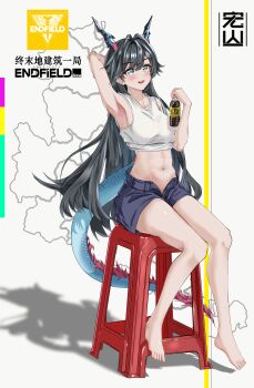 1girl absurdres arknights arknights:_endfield arm_behind_head armpits barefoot bottle chen_qianyu_(arknights) commentary_request copyright_notice dragon_girl dragon_horns dragon_tail herbal_tea highres holding holding_bottle horns lt_mue navel on_stool open_fly short_shorts shorts sitting solo stool tail tank_top