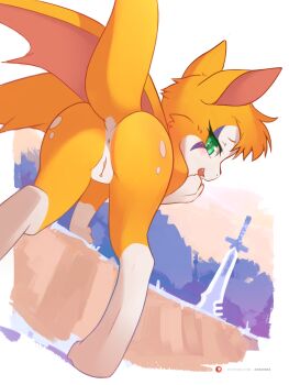 1girl ancesra animal_ears animal_feet animal_hands anus arm_support artist_name ass ass_focus bent_over blush body_fur border bush cleft_of_venus dust:_an_elysian_tail facial_mark fang female_focus fidget_(dust:_an_elysian_tail) from_behind furry furry_female green_eyes hand_to_own_mouth hand_up happy highres looking_at_viewer looking_back open_mouth orange_fur orange_hair outdoors outside_border patreon_username planted planted_sword planted_weapon pussy short_hair smile snout solo sword tail tail_raised two-tone_fur uncensored watermark weapon web_address white_border white_fur wings