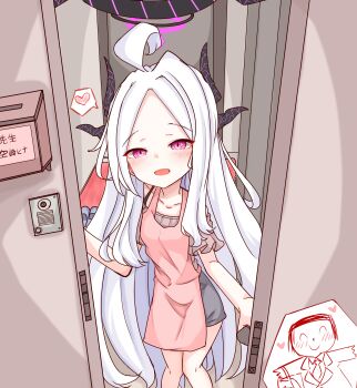 1boy 1girl absurdres ahoge alternate_costume apron black_halo blue_archive blush collarbone couple demon_horns doodle_sensei_(blue_archive) halo heart hetero highres hina_(blue_archive) horns long_hair looking_at_viewer open_door open_mouth peroronti pink_apron sensei_(blue_archive) spoken_heart standing very_long_hair white_hair