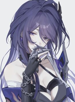 1girl absurdres acheron_(honkai:_star_rail) breasts chain chain_around_arm choker claw_ring cleavage earrings gloves hair_between_eyes hair_ornament hand_up highres honkai:_star_rail honkai_(series) jacket jewelry klq_gm large_breasts open_clothes open_jacket partially_fingerless_gloves purple_eyes purple_hair simple_background single_bare_shoulder single_earring strap