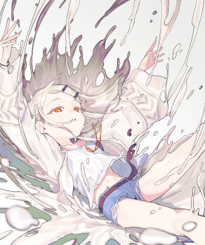 1girl absurdres arms_up belt blue_shorts denim denim_shorts en@rain falling feet_out_of_frame gakuen_idolmaster hair_ornament hairclip highres idolmaster jacket jewelry liquid long_hair long_sleeves looking_at_viewer midriff midriff_peek necklace open_clothes orange_eyes outstretched_arms parted_lips shinosawa_hiro shirt short_shorts shorts simple_background solo white_hair white_shirt