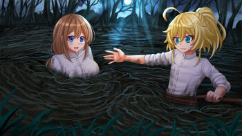 2girls ahoge blonde_hair blue_eyes blush breasts brown_hair commentary commission dress_shirt green_eyes highres kazenokaze large_breasts long_hair long_sleeves mud multiple_girls night outdoors outstretched_arm ponytail rope shirt sweat tanya_degurechaff upper_body viktoriya_ivanovna_serebryakov white_shirt youjo_senki