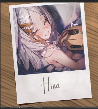 1girl ahoge armpit_crease art_program_in_frame betabeet black_pants black_skirt black_thighhighs blue_archive blush box breasts character_name closed_eyes coat demon_horns double-parted_bangs fur_coat hair_ornament hairpin hina_(blue_archive) holding holding_toy horns long_hair looking_at_viewer open_mouth pants pencil_skirt polaroid_photo purple_eyes shirt skirt sleeveless small_breasts smile solo striped_clothes stuffed_animal stuffed_cat stuffed_toy table thighhighs toy vertical-striped_clothes white_hair white_shirt