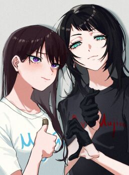 2girls animal_ears bandaid bandaid_on_finger bandaid_on_hand bang_dream! bang_dream!_it&#039;s_mygo!!!!! black_gloves black_hair black_shirt blush closed_mouth commentary cx6lc0 finger_heart gloves heart_hands_failure long_hair looking_at_viewer medium_hair multiple_girls photo-referenced purple_eyes shiina_taki shirt symbol-only_commentary upper_body white_shirt yahata_umiri