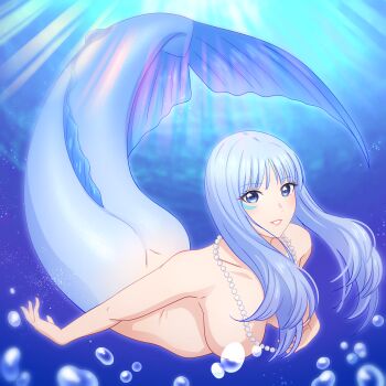 1girl absurdres air_bubble blue_eyes blue_hair blue_tail breasts bubble collarbone commentary commentary_request completely_nude convenient_censoring english_commentary fins happy_anniversary highres kiria021 large_breasts looking_at_viewer mermaid mixed-language_commentary mizushima_manami_(kiria021) monster_girl nude original smile solo swimming underwater