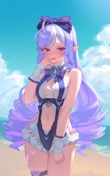 1girl animal_print bare_shoulders beach black_bow blue_gemstone blue_sky blush bow bowtie breasts butterfly_print clothing_cutout cloud commentary_request drill_hair facing_viewer frilled_one-piece_swimsuit frilled_wrist_cuffs frills gem hair_bow hand_on_own_face heart_cutout highres hoho_(hohouxu) long_hair looking_to_the_side mole mole_under_eye navel ocean official_alternate_costume one-piece_swimsuit open_mouth outdoors pink_bow pointy_ears purple_bow purple_bowtie purple_hair red_eyes sand see-through_clothes sideboob_cutout sky solo standing stomach stomach_cutout swimsuit thigh_strap two-tone_one-piece_swimsuit vivian_banshee vivian_banshee_(iris_of_the_shore) water wrist_cuffs zenless_zone_zero