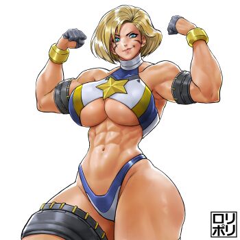 1girl abs absurdres armlet armpits arms_up blonde_hair blue_eyes bracelet breasts commentary english_commentary gloves groin half_gloves highres jamrolypoly jewelry large_breasts looking_at_viewer muscular muscular_female original short_hair smile solo star_(symbol) thick_thighs thighlet thighs thong turtleneck_bikini_top underboob white_background wide_hips wrestling_outfit
