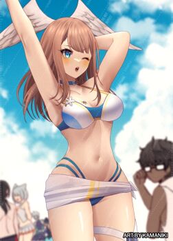 animal_ears bikini black_hair blue_eyes blue_hair breast_tattoo breasts brown_hair cat_ears cleavage dark-skinned_male dark_skin eunie_(xenoblade) fiery_hair glasses grey_hair head_wings kamaniki lanz_(xenoblade) large_breasts long_hair looking_at_viewer male_swimwear midriff mio_(xenoblade) multiple_boys multiple_girls navel noah_(xenoblade) ponytail sena_(xenoblade) short_hair side_ponytail smile solo swim_trunks swimsuit taion_(xenoblade) tattoo white_wings wings xenoblade_chronicles_(series) xenoblade_chronicles_3