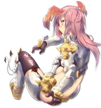 1girl armor armored_boots ass bikini_armor black_gloves black_thighhighs blowing_bubble_gum blush boots butt_crack chewing_gum closed_mouth commentary_request cross_of_prontera expressionless feathered_wings full_body garter_straps gauntlets gloves head_wings highres long_hair looking_at_viewer looking_back orange_wings pauldrons pink_eyes pink_hair ragnarok_online rune_knight_(ragnarok_online) shoulder_armor simple_background sitting solo spiked_pauldrons spikes thighhighs white_background wings yuky_(cassis_powder)