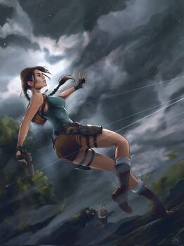 1girl aqua_tank_top backpack bag black_gloves boots braid braided_ponytail breasts brown_bag brown_boots brown_eyes brown_hair brown_shorts fingerless_gloves gloves grey_sky gun handgun highres holding holding_gun holding_weapon holster illyne_cosplay jewelry lara_croft large_breasts long_hair m1911 necklace outdoors rain short_shorts shorts sky socks solo tank_top thigh_holster tomb_raider weapon white_socks