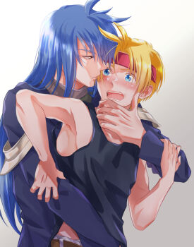 Rule 34 | 19670615t, belt, blonde hair, blue eyes, blue hair, blush, cape, claude c. kenny, closed mouth, dias flac, headband, highres, long hair, male focus, open mouth, short hair, simple background, sleeveless, star ocean, star ocean: the second story, white background, yaoi