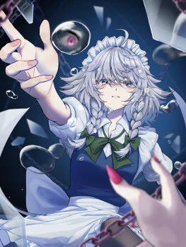 2girls ahoge apron blue_dress blue_eyes braid chain commentary crying crying_with_eyes_open dress grey_hair hair_ribbon highres izayoi_sakuya maid maid_apron maid_headdress medium_hair multiple_girls parted_lips pov reaching reaching_towards_another reaching_towards_viewer red_nails remilia_scarlet ribbon shards shirt short_sleeves teardrop tears tenx2_1341 touhou twin_braids white_shirt