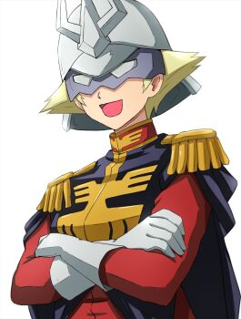 Rule 34 | 1girl, blonde hair, char aznable, char aznable (cosplay), commentary request, cosplay, crossed arms, epaulettes, erwin (girls und panzer), girls und panzer, gloves, gundam, helmet, highres, military uniform, mobile suit gundam, omachi (slabco), open mouth, short hair, simple background, smile, solo, white background, white gloves, white helmet