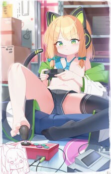 1girl animal_ear_headphones animal_ears barefoot black_thighhighs blonde_hair blue_archive blush cat_ear_headphones cat_ears cat_tail controller convenient_censoring fake_animal_ears feet game_controller green_eyes headphones highres loli long_hair midori_(blue_archive) painter-lhb short_shorts shorts single_thighhigh tail thighhighs toes