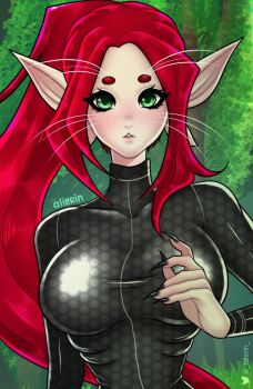 1girl alien alierin artist_name black_bodysuit black_nails bodysuit breasts extra_breasts extra_digits hand_up high_ponytail highres large_breasts leaf long_hair looking_at_viewer outdoors parted_lips pointy_ears ponytail red_hair signature solo thick_eyebrows tree upper_body very_long_hair voices_of_the_void whiskers