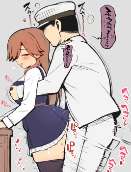 Rule 34 | 1boy, 1girl, admiral (kancolle), arashio (kancolle), arashio kai ni (kancolle), black dress, breasts, brown eyes, brown hair, clothed sex, commentary request, dress, frilled dress, frills, hetero, highres, kantai collection, large breasts, long sleeves, pinafore dress, richou (zerozero1101), sex, sex from behind, shirt, sleeveless, sleeveless dress, standing, standing sex, white shirt