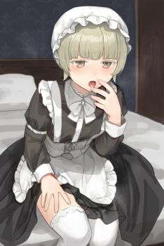 1boy apron black_dress blonde_hair blush bow bowtie brown_eyes bulge clothes_lift commentary_request covered_erect_nipples cowboy_shot crossdressing crossdressing_(mtf) dot_nose dress dress_lift erection erection_under_clothes frilled_apron frills hand_to_own_mouth hand_up hat indoors juliet_sleeves long_sleeves looking_at_viewer maid maid_apron male_focus male_maid mob_cap on_bed original partial_commentary pillow puffy_sleeves saliva see-through_clothes see-through_dress short_hair sitting solo steaming_body sunaba_(nczd5875) thighhighs thighs tongue tongue_out trap variant_set white_bow white_bowtie white_hat white_thighhighs