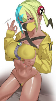 1girl bikini bikini_bottom_only blonde_hair blue_eyes blue_hair breasts canari_(pokemon) character_hair_ornament cropped_jacket dark-skinned_female dark_skin fellatio_gesture grabbing_own_breast hair_ornament highres jacket kneeling kumamiya large_breasts looking_at_viewer mask micro_bikini mouth_mask multicolored_hair multicolored_nails narrow_waist navel nintendo pokemon solo split-color_hair stomach swimsuit two-tone_hair yellow_jacket