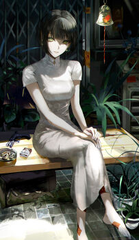 1girl :3 barefoot bell bench black_hair blue_flower blunt_bangs bob_cut breasts china_dress chinese_clothes cigarette cigarette_butt cigarette_holder closed_mouth crossed_legs dress earrings flower foot_out_of_frame green_eyes gun handgun hands_on_own_knees head_tilt highres jewelry jiangshi lambplanethouse looking_at_viewer marlboro ofuda original pale_skin partially_shaded_face pearl_earrings plant potted_plant short_hair short_sleeves sidelocks sitting small_breasts smile solo straight_hair syringe tiles veins veiny_feet weapon white_dress