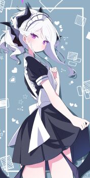 1girl apron black_skirt blue_archive blush breasts demon_girl demon_horns demon_wings halo highres hina_(blue_archive) horns long_hair looking_at_viewer low_wings maid maid_apron maid_headdress purple_eyes sasanoha_(sasanoha0712) skirt small_breasts solo white_hair wings