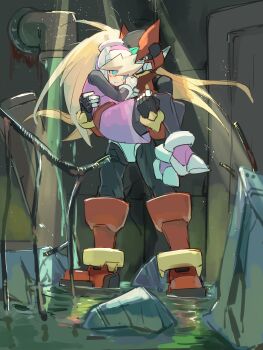 1boy 1girl absurdres android armor blonde_hair blue_eyes blush bodysuit bodysuit_under_clothes breasts carrying ciel_(mega_man) forehead_jewel full_body gloves helmet high_ponytail highres holding long_hair mega_man_(series) mega_man_zero_(series) omochi_(mochi_skymega) open_mouth pink_top ponytail princess_carry red_armor red_helmet skirt small_breasts zero(z)_(mega_man) zero_(mega_man)