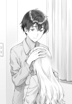 1boy 1girl asamura_yuuta ayase_saki brother_and_sister collared_shirt comforting commentary_request curtains gimai_seikatsu greyscale hair_between_eyes hand_on_another's_head hand_on_another's_shoulder head_hug highres hiten_(hitenkei) light_switch long_hair long_sleeves monochrome novel_illustration official_art second-party_source shirt short_hair siblings step-siblings upper_body