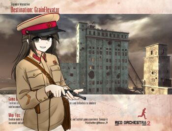 1girl brown_bag brown_jacket game_screenshot_background gas-seal_revolver gun hammer_and_sickle handgun hat highres jacket loading_screen looking_at_viewer military military_hat military_uniform nagant_m1895 red_orchestra_2:_heroes_of_stalingrad revolver screenshot_background smile solo soviet_army weapon weimar_29 world_war_ii yellow_hat