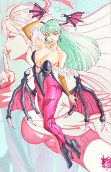 Rule 34 | 1girl, acecore2k, bare shoulders, black leotard, breasts, clothing cutout, collarbone, cutout above navel, darkstalkers, demon girl, demon wings, earrings, full body, green eyes, green hair, head wings, heart cutout, high heels, highres, jewelry, large breasts, leotard, long hair, morrigan aensland, multiple wings, pantyhose, purple pantyhose, solo focus, wings