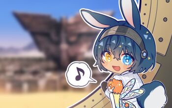 1boy 1girl animal_ears bear_ears blue_eyes blue_hair blush_stickers chibi closed_eyes commentary_request fairy fairy_wings gallica_(metaphor:_refantazio) heterochromia kemonomimi_mode lella_nyam looking_at_another metaphor:_refantazio mini_person minigirl musical_note open_mouth orange_hair pointy_ears protagonist_(metaphor:_refantazio) rabbit_ears rabbit_tail short_hair size_difference smile tail wings yellow_eyes