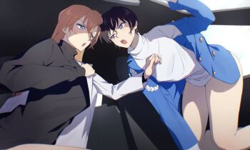 Rule 34 | 2girls, black hair, blue eyes, blush, brown hair, commentary request, cosplay, costume switch, dressing, formal clothes, gloves, hagiwara chihaya, hair between eyes, highres, holding, jacket, long hair, long sleeves, meitantei conan, multiple girls, open clothes, open jacket, open mouth, police, police uniform, policewoman, red lips, satou miwako, shirt, short hair, suit, tomato 0429, undressing, white gloves