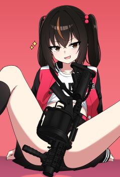 1girl bamiko_(nanju_bami) black_hair black_jacket black_panties black_skirt black_socks brown_eyes brown_hair brown_streaks buttons collarbone commentary convenient_censoring cropped_shirt crossed_bangs grenade_launcher hair_between_eyes hair_bobbles hair_ornament hands_on_floor highres jacket letterman_jacket long_sleeves looking_at_viewer multicolored_hair multicolored_jacket nanju_bami open_clothes open_jacket open_mouth original panties pleated_skirt red_jacket shirt sidelocks simple_background sitting skirt smile socks solo sparkle spread_legs streaked_hair symbol-only_commentary thick_eyelashes thighs twintails two-tone_hair underwear v-shaped_eyebrows vertical_foregrip weapon white_jacket white_shirt