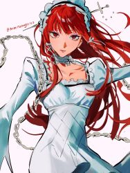 Rule 34 | 1girl, blunt bangs, chain, closed mouth, collar, collarbone, commentary, detached collar, dress, eyeshadow, frilled hairband, frills, hair ornament, hair ribbon, hairband, highres, long hair, long sleeves, looking at viewer, makeup, momotamago, persona, persona 3, red eyes, red hair, ribbon, sidelocks, simple background, solo, twitter username, upper body, white collar, white dress, white hairband, white ribbon, yoshino chidori