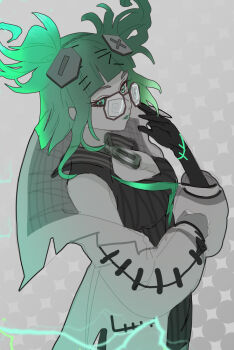 adjusting_eyewear bare_shoulders black_gloves black_shirt blunt_bangs bolt_(hardware) breasts center_opening coat coke-bottle_glasses collared_shirt colored_skin electricity fright_night_zeri from_side glasses gloves green_eyes green_hair grey_skin hair_ornament highres lab_coat league_of_legends looking_at_viewer medium_breasts messy_hair n2tat open_clothes open_coat shirt sidelocks simple_background stitches twintails zeri_(league_of_legends) zipper_pull_tab