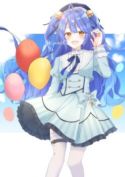 ahoge amamiya_kokoro balloon blue_background blue_dress blue_hair blue_hat commentary_request dress fang hair_ornament hairclip hand_up hat highres juliet_sleeves long_hair long_sleeves nijisanji open_mouth pale_skin puffy_sleeves sakura_yuto skin_fang thighhighs twintails_with_hair_base twitter_username white_thighhighs x_hair_ornament yellow_eyes