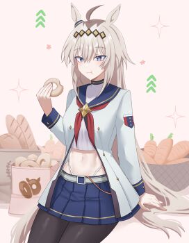 1girl absurdres ahoge animal_ears baguette black_pantyhose blue_eyes blue_sailor_collar blue_skirt blush bread brooch carrot closed_mouth donut ear_ornament eating food glutton grey_hair grey_tail hair_between_eyes hairband highres holding holding_donut holding_food horse_ears horse_girl horse_tail jacket jewelry long_hair long_sleeves midriff multicolored_hair navel neckerchief oguri_cap_(starlight_beat)_(umamusume) oguri_cap_(umamusume) panty_straps pantyhose pleated_skirt red_neckerchief richeli_giulio sailor_collar school_uniform shirt skirt solo star_brooch tail umamusume white_jacket white_shirt