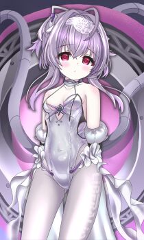 1girl ahoge armored_leotard bare_shoulders blush breasts cleavage commentary_request covered_navel detached_sleeves frills goddess_of_victory:_nikke hair_intakes highres langley1000 leotard liberalio_(nikke) long_sleeves looking_at_viewer pantyhose purple_hair purple_trim red_eyes short_hair skirt sleeves_past_fingers sleeves_past_wrists small_breasts solo tube white_leotard white_pantyhose