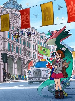 1boy 1girl arm_up backpack bag black_pants black_shirt blue_jacket boots brown_bag brown_eyes brown_footwear brown_hair building buttons cardigan closed_mouth collared_dress commentary corviknight dark-skinned_male dark_skin dragapult dreepy dress drizzile dubwool eldegoss english_commentary fur-trimmed_jacket fur_trim gen_4_pokemon gen_8_pokemon gloria_(pokemon) green_headwear green_legwear grey_cardigan grookey hat highres hood hooded_cardigan hop_(pokemon) jacket motor_vehicle nintendo oshiruko_(oshiruko_s2) pants pink_dress pointing pokemon pokemon_(creature) pokemon_swsh road rookidee rotom rotom_phone shirt shoes short_hair skwovet slice_of_life smile socks standing street tam_o&#039;_shanter traffic_light waving