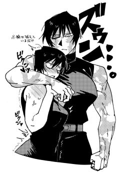 arm_around_shoulder artist_request blush commentary_request highres holding jujutsu_kaisen monochrome moritaku muscular muscular_female scar scar_on_face scars_all_over siblings sisters sleeveless sweat sweatdrop too_many translation_request twins zen'in_mai zen'in_maki zen'in_maki_(post_shibuya)