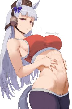 abs animal_ears arched_back bow breasts commentary from_side gold_ship_(umamusume) grey_hair hair_bow hands_on_own_stomach highres horse_ears horse_girl horse_tail large_breasts looking_at_viewer pants parted_lips patreon_username pillbox_hat pink_eyes pubic_hair pubic_hair_peek purple_bow solo sports_bra sweatdrop tail track_pants umamusume zelc-face