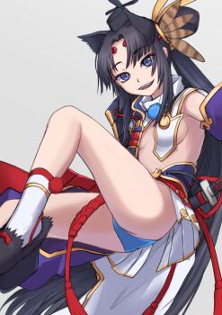 1girl armor asymmetrical_sleeves bikini bikini_bottom_only black_hair black_sleeves blue_bikini blue_eyes blue_gloves breast_curtains breasts circlet commentary_request curtained_hair detached_sleeves fate/grand_order fate_(series) feathers geta gloves grin hair_bun hat high_collar japanese_armor katana kusazuri long_hair looking_at_viewer mismatched_sleeves multi-source_commentary open_mouth purutoppu_(toranohige) revealing_clothes shoulder_armor showgirl_skirt side_ponytail side_up_bun sideboob single_sode small_breasts smile socks sode solo swimsuit sword tassel tate_eboshi tengu-geta topless_female ushiwakamaru_(fate) ushiwakamaru_(second_ascension)_(fate) very_long_hair weapon white_sleeves white_socks wide_sleeves