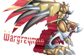 Rule 34 | armor, character name, claw (weapon), colored skin, digimon, dragon, full body, gauntlets, green eyes, guzu kuo, helmet, highres, orange skin, simple background, solo, wargreymon, weapon, white background, yellow armor