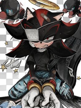 bandages blush broken_halo checkered_background commentary_request dark_chao denim eyepatch fang guitar_case halo highres instrument_case jeans pants piercing shadow_chao shadow_the_hedgehog shirt sonic_(series) sweat t-shirt torn_clothes torn_jeans torn_pants wrist_cuffs xxxxx0099e