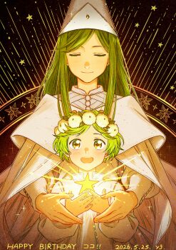 1girl absurdres age_difference aged_down aged_up blush child coco_(tongari_boushi_no_atelier) commentary_request fingernails green_hair hat head_wreath highres holding long_hair multiple_persona short_hair smile tongari_boushi_no_atelier tunic white_tunic wizard_hat yellow_eyes yongji_(moli1023)