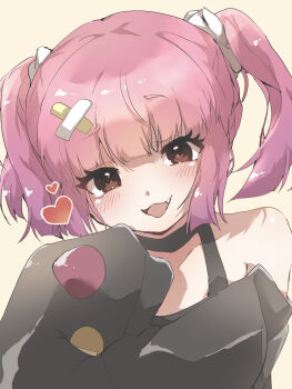 1girl blush brown_eyes chiko_(chi_p_71) commentary_request coral_(pokemon) eyelashes fang heart highres looking_at_viewer nintendo open_mouth pink_hair pokemon pokemon_(anime) ribbon simple_background sleeves_past_fingers sleeves_past_wrists solo twintails upper_body white_ribbon