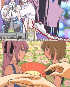 3girls beer_can black_hair blue_eyes blue_overalls can cigarette commentary_request controller crossed_legs drink_can game_console game_controller grey_hair gujyo_kanade highres holding holding_controller holding_game_controller kamiina_botan kamiina_botan_yoeru_sugata_wa_yuri_no_hana kei0816uzura long_hair long_sleeves medium_hair multiple_girls nail_polish overalls pink_hair playing_games playing_video_games purple_eyes shirt sleeveless sleeveless_shirt smoking sweater tonami_ibuki translation_request turtleneck turtleneck_sweater white_shirt yuri